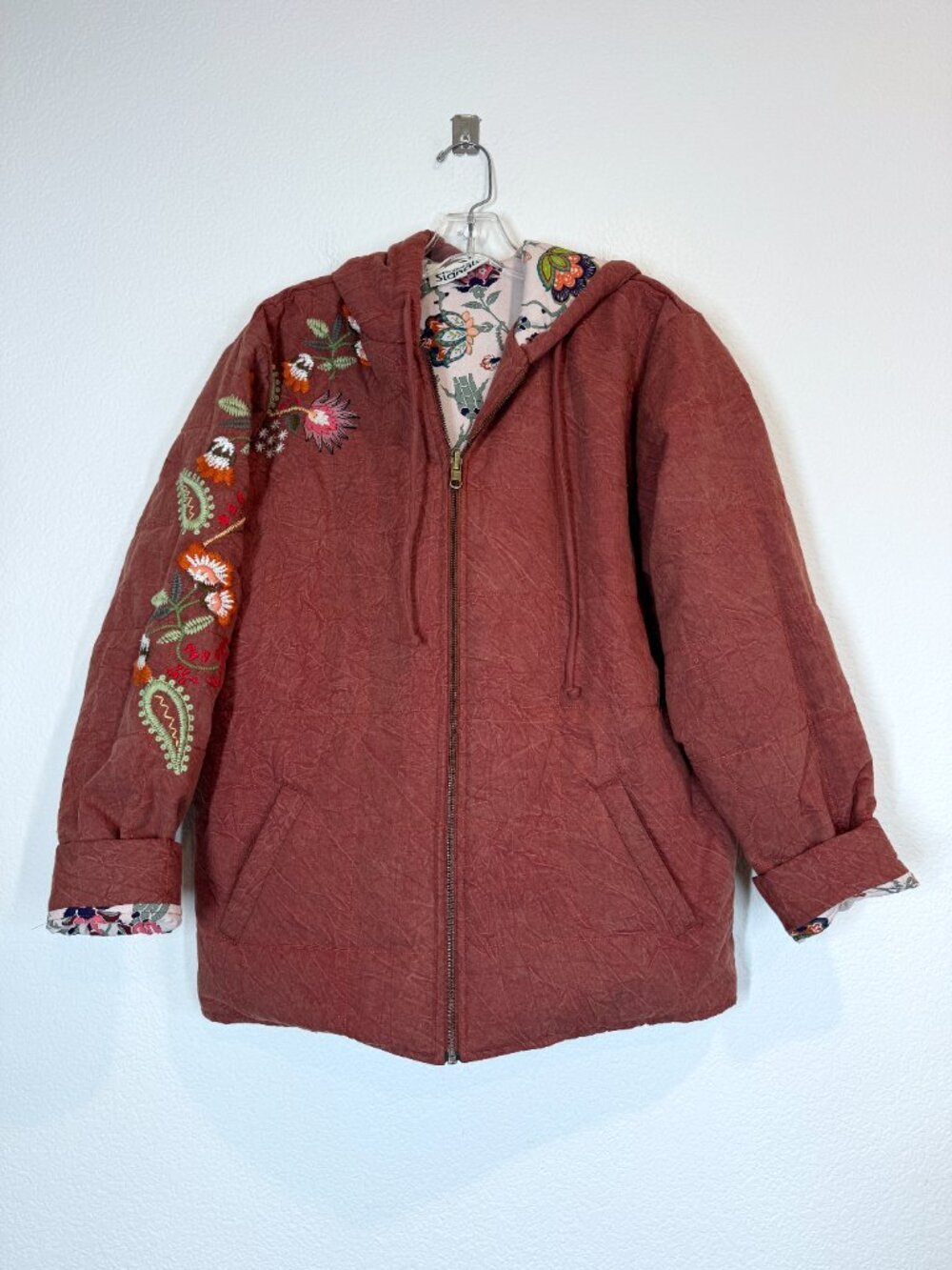 Boho Quilted Embroidered Floral Hoodie Jacket Coat Rust Indie Hippie Large - Picture 12 of 12